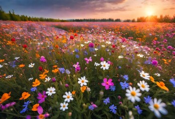 Gorgeous flower field with the light of the sunset. Different types of little wild flowers. Blooming and spring concept
