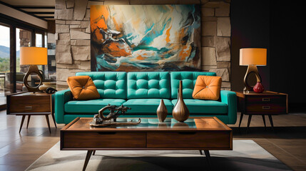 Step into a time capsule of design elegance - a mid-century modern living room adorned with a turquoise fabric sofa, wall-mounted cabinets, and a wood lining wall. 