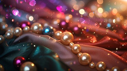 Colorful pearls on shine glossy fabric wallpaper background