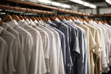 White men shirts hanging on rack in a row