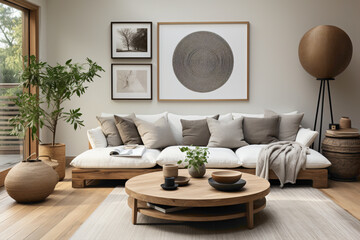 Picture a serene Scandinavian-inspired living space featuring a round wooden coffee table, a comfortable white sofa, and a carefully curated poster frame against a minimalist wall. 