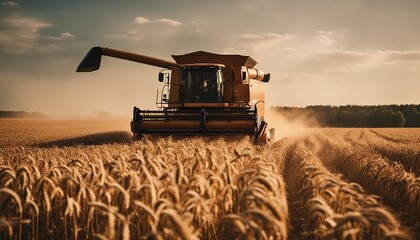Modern Combine Harvester at Work During Wheat Harvest at Sunset