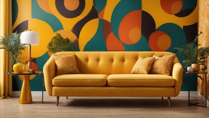 Alongside a wall covered in a vivid circle pattern are a yellow sofa and side tables. Living room with contemporary interior design	
