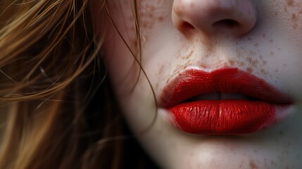 Girl's face with red lips. Macro Close up photography. For advertising beauty salons