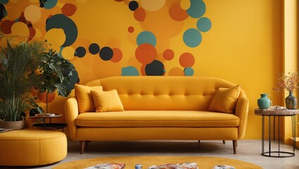 Alongside a wall covered in a vivid circle pattern are a yellow sofa and side tables. Living room with contemporary interior design	
