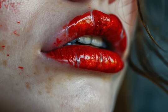 Girl's face with red lips. Macro Close up photography. For advertising beauty salons