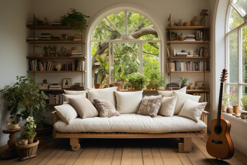 Picture a peaceful scene with a beige couch and a playful swing, forming a comfortable corner for relaxation.