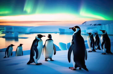 World Penguin Day, iceberg in the ocean, the kingdom of ice and snow, a flock of penguins on an ice floe, the northern lights, the far north