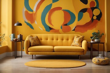 Alongside a wall covered in a vivid circle pattern are a yellow sofa and side tables. Living room with contemporary interior design	
