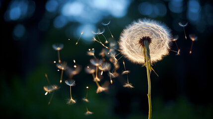 Ethereal Dandelion with Seeds Blowing in the Wind