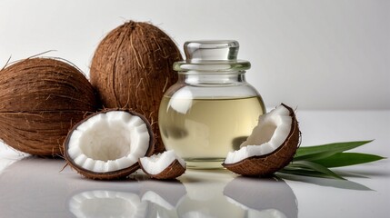 Fototapeta na wymiar Coconut oil with coconut isolated on white background 