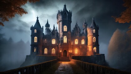 gothic castle in the night - obrazy, fototapety, plakaty