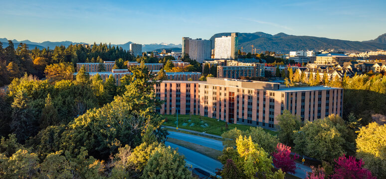 Buildings in UBC. Sunny Sunset. Vancouver, BC, Canada