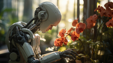 Intelligent robot growing flowers in the greenhouse. Artificial intelligence helping in agriculture and horticulture. Digital assistant at work.