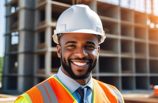 World Day for Safety and Health at Work, portrait of an adult African American man in a hard hat and work uniform, smiling worker, construction site, sunny day - Powered by Adobe