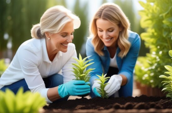 Arbor Day, a young tree grows out of the soil, planting plants, adult European women plant a tree, mother and daughter, spring, sunny day - Powered by Adobe