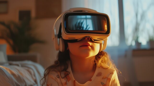 Happy child playing with VR glasses. Modern technology. Future concept