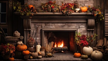 A Cozy Fireplace Surrounded by Pumpkins