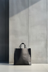 Black bag on the floor in front of the grey wall with shadow