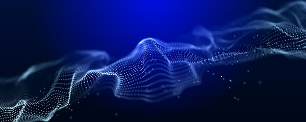 Futuristic wave of dots with moving particles. Abstract technology background. 3D visualization of big data. 3D rendering.