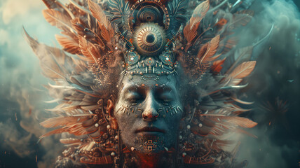 Fantastic hallucinating shaman face after mushroom overdose. Neural network generated image. Not based on any actual scene or pattern.