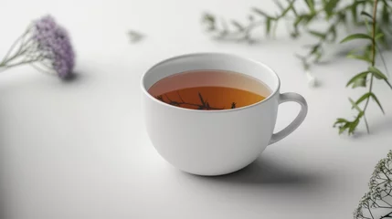 Fotobehang cup of tea with a minimal white background, contemporary and stylish design © Yash