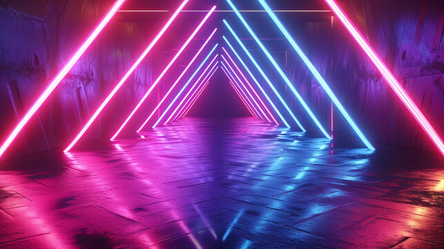 Dynamic 3D render of neon arrows moving in different directions, creating a visually captivating and futuristic composition. © simo