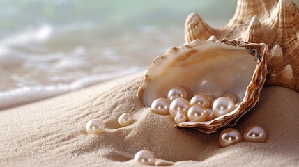 Open oyster with pearl inside laying on beach sand sea shore wallpaper background
