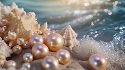 Fototapeta na wymiar Open oyster with pearl inside laying on beach sand sea shore wallpaper background 