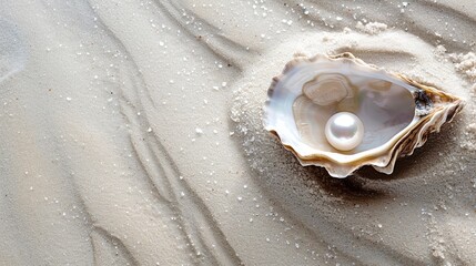 Open oyster with pearl inside laying on beach sand sea shore wallpaper background
