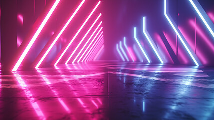 Dynamic 3D render of neon arrows moving in different directions, creating a visually captivating and futuristic composition.