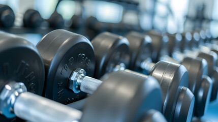 Dumbbells in a row in a fitness club or gym - obrazy, fototapety, plakaty