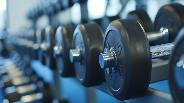 Dumbbells in a row in a fitness club or gym