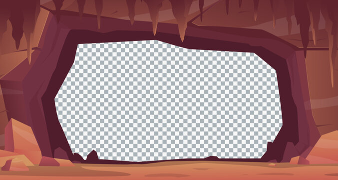 Stone cave entrance. Transparent background with granite frame. Tunnel hole in rock. Natural cavern mine with stalagmites. Underground cliff. Mountain grotto stonewall. Vector concept
