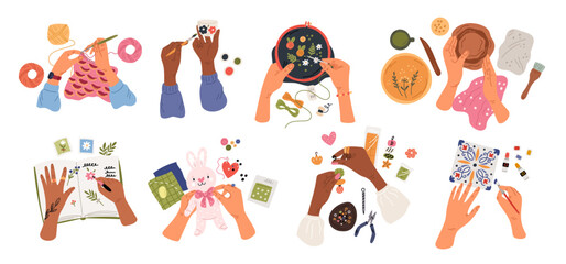 Hands with needlework. Creative craft hobbies. Human arms creating embroidery. Artisan tools. Handmade accessories. Painting ceramics or making scrapbook. Garish vector handicrafts set