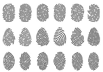 Finger prints. Different scanning fingerprints. Human ID pictograms. Security authentication. Thumbprints scanner. Criminal evidence. Identification sign. Biometric data icons vector set - obrazy, fototapety, plakaty
