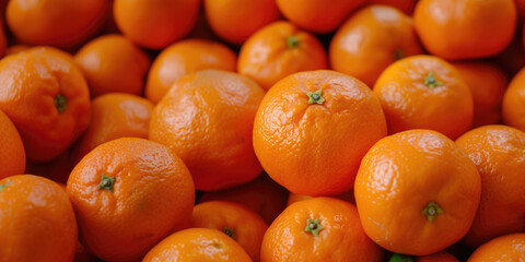 Background with ripe orange mandarins. Tropical yellow delicious, fresh and healthy fruits