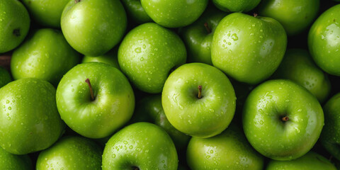 Background with ripe crunchy green apples. Locally grown summer and fall delicious, fresh and healthy fruits