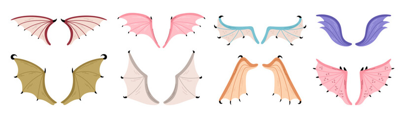 Cartoon dragon wings. Webbed parts of mythical animals. Fairy tale flying creatures elements. Fantasy reptiles. Vampire bat fly. Carnival costume. Halloween evil monster. Garish vector set © VectorBum
