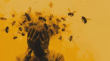 Fotobehang bees attack a person. a swarm of bees surrounded man's head. the man clasped his head in his hands. Panic attack. Phobia. © Татьяна Креминская