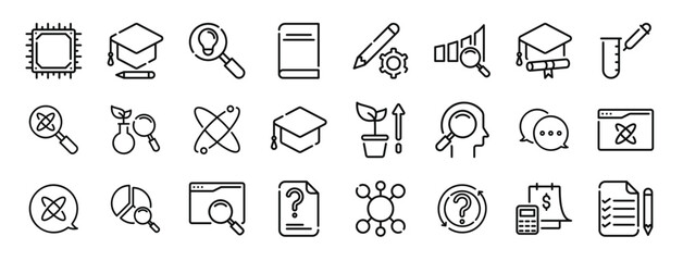 set of 24 outline web research and education icons such as chip, mortarboard, search, study, pencil, statistics, education vector icons for report, presentation, diagram, web design, mobile app