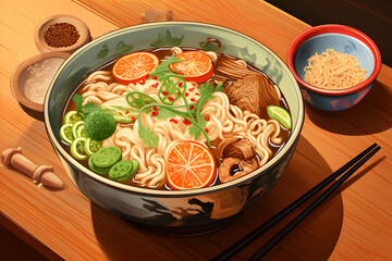 Illustrated noodle soup, tasty noodle soup, eating noodles, ramen soup, tasty noodle soup