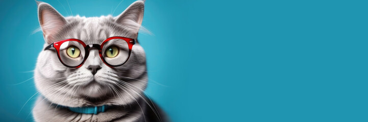 World Cat Day, serious domestic gray cat with glasses, vision check, ophthalmology salon, veterinary clinic, blue background, horizontal web banner, place for text