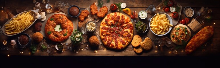 Buffet scene with takeaway or delivery food. Pizza, burgers, fried chicken and sides. Top view...