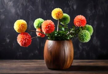 pom pom flower arrangement in a stylish  wooden vase  - obrazy, fototapety, plakaty