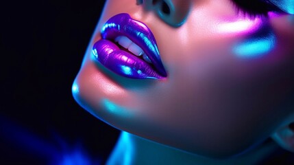 High fashion model with metallic silver lips and woman face in colorful bright neon ultraviolet blue and violet lights, posing in studio. Bright neon makeup.