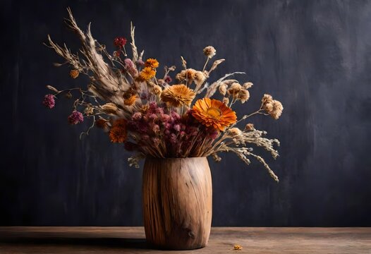 Beautiful dried flower arrangement in a stylish  wooden rustic snag vase on the background of a dark wall with copy space