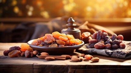 Empty copy space wooden table and Mix of dried fruits and nuts. Dates, dried apricots, prunes, raisins on a wooden spoon and on a wooden plate. Healthy delicious