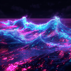 Dynamic 3D render of neon waves crashing on a digital shoreline, blending the organic and digital realms in a visually stunning composition