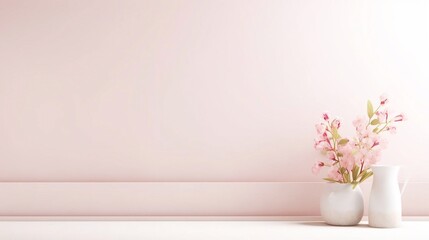 Empty white rectangle poster mockup with spring flowering tree branch with white flowers on pastel...